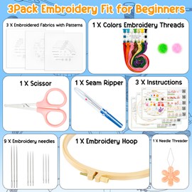 cotaour 3 Sets Embroidery Kit for Beginners, Embroidery Kit for Adults with Follow Instruction, Cross Stitch Kits with Wooden Embroidery Hoops (Style-F)