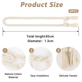 GHLAECM Pack of 4 Curtain Tiebacks, Cotton Tiebacks for Curtains, Boho Style Handwoven Curtain Holdbacks Rope, Decorative Curtain Holdbacks for Bedroom, Office and Living Room, Beige