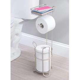 mDesign Freestanding Metal Wire Toilet Paper Roll Holder Stand and Dispenser with Storage Shelf for Cell, Mobile Phone - Bathroom Storage Organization - Holds 3 Mega Rolls - Satin