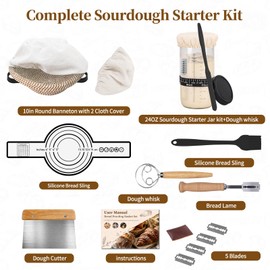 Sourdough Starter Kit,Banneton Bread Proofing Basket 10Inch Round,Sourdough Bread Baking Supplies With Starter Jar,Bread Sling,Lame,Danish Dough Whisk Sourdough Kit Gifts for Bakers Women Wife Mom