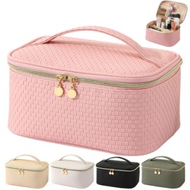 TOPALL Makeup Bag,Cosmetic Bag,Large Capacity Travel Makeup Bag,Multifunctional Classic Toiletry Bag,Waterproof PU Leather Makeup Bag for Women Girls(Pink)
