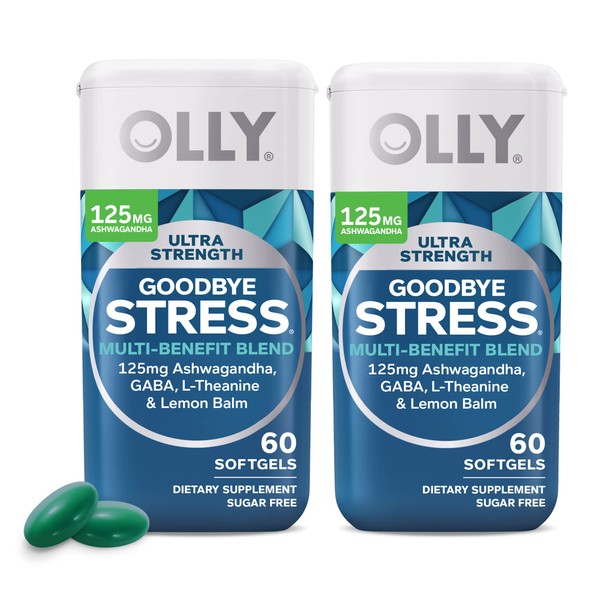 OLLY Ultra Strength Goodbye Stress Softgels Twin Pack, GABA, Ashwagandha, L-Theanine and Lemon Balm, Stress Relief Supplement - 120 Count