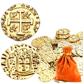 v2croft 50 Metal Pirate Coins Gold, Gold Treasure Coin Set, Metal Replica Spanish Doubloons for Board Games Tokens, Kids Cosplay Pirate Party Treasure Chest Coin (1.18'')