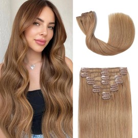 Tebelove Clip in Hair Extensions Real Human Hair 3.6oz/100g Clip ins 100% Brazilian Remy Human Hair Extension for Women 8pcs Per Set with 18 Clips Double Weft (18 Inch #27 Honey Blonde)