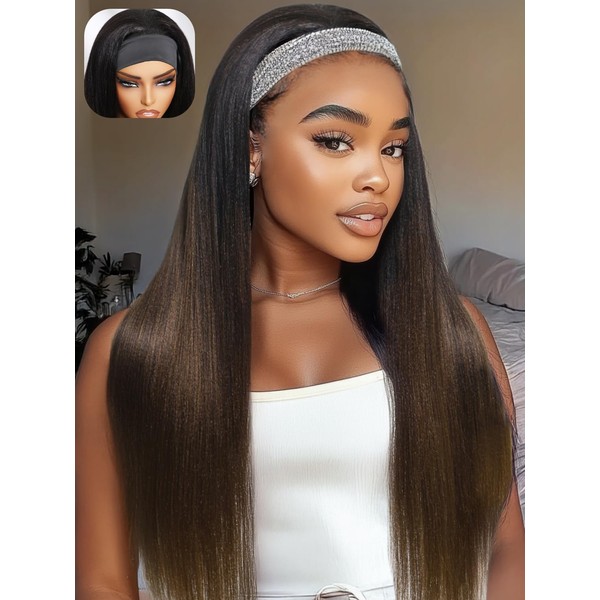 YIROO Headband Human Hair Wig Ombre Brown Yaki Straight Glueless