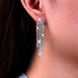 Aneneiceera Vintage Crystal Chain Earrings Silver Tennis Chain Earrings Cz Chandelier Earrings Crystal Tassel Earrings Fringe Crystal Earrings Jewelry for Women and Girls (Silver)