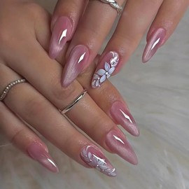 Pink Press on Nails Medium Almond Fake Nails White Flower Press Ons Cat Eye Design False Nails Glossy Full Cover Glue on Nails for Women 24PCS