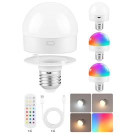 GOEBLESON Rechargeable Light Bulbs with Remote Control, 4 Packs Battery Operated Light Bulbs, 3 Timer 15 Colors Selectable, Dimmable Wireless RGB LED Bulb for Wall Sconce, Non-Hardwired, R01YBP406