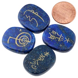 mookaitedecor Lapis Lazuli Reiki Stones, Engraved Usui Symbols Polished Chakra Palm Stone for Crystal Healing Wiccan Gifts, 1"/2.5cm Length