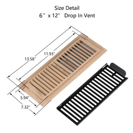 Hardwood Red Oak Floor Register, Drop in Vent Cover, 6x12 Inch with Damper, Unfinished