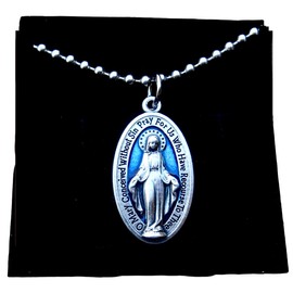 Large Blue Enamel Miraculous Medal Necklace, 30 Inch Stainless Steel Ball Chain, Catholic Gift, Gorgeous Blue Enamel Our Lady of Grace Medal Measures 1 1/8 inch