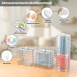 Juego de 4 Dispensadores de Soporte Qtip - Recipientes Para Baño con Tapa Tarro de Bastoncillos de Algodón Redondo Organizador de Maquillaje Transparente para Hisopos de Algodón y Hilo Dental