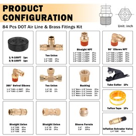 CheeMuii 80 PCS Brass DOT Air Line Fittings with 100FT 1/4" and 100FT 3/8" DOT Air Line Kit Push Lock Air Fitting Quick Connect & NPT Thread Fittings with Pneumatic Tubing