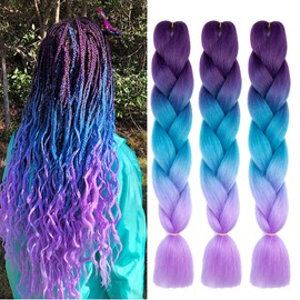 Braiding Hair Ombre Purple to Lake Blue to Light Purple 24 Inch Braid Hair Extensions Hot Water Setting (C26-3Packs)