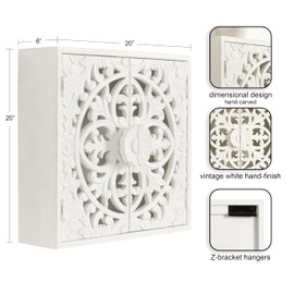 Kate and Laurel Saanvi Traditional Carved Wood Wall Cabinet, 20 x 6 x 20, White, Dimensional Over The Toilet Storage Cabinet for Bathroom Storage and Display