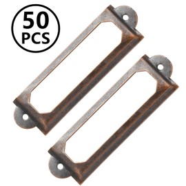 Qjaiune 50Pcs Metal Library Label Holders, File Cabinet Label Frames with Screws, Card Tag Label Holder for Office Drawers Shelves (Red Bronze, 60x17mm)