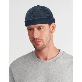 Initlove Mens Docker Hat Denim Brimless Sailor Hat Beanie Cap Dark Blue