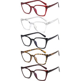 EYEURL Cat Eye Reading Glasses for women - 5 Pack Blue Light Blocking Reading Glasses Ladies +1.50 Fashion Square Frames Magnification with Spring Hinge