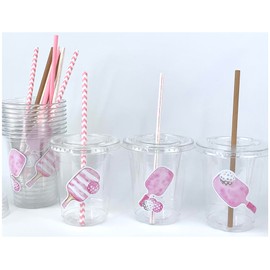 Pink Pickleball Party Cups, Disposable Plastic Cups with Lids & Straws for Bachelorette or Birthday, Set of 12