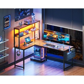 Casaottima Gaming Desk with Power Outlets & LED Lights, 53 Inch Reversible L Shaped Computer Desk with Shelves & Storage Bag, Corner Desk for Home Office, Vintage
