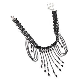 Faletony Gothic Lace Choker Necklace Women's Lace Necklace Black Beads Tassels Necklaces Crystal Pendant Necklace with Hollow Flower Jewellery for Women and Girls, Lace, No Gemstone