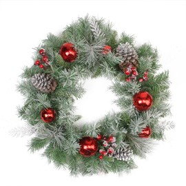 Northlight Flocked Pine, Red Ball, Berries & Silver Cedar Artificial Christmas Wreath-Unlit, 24", Green/Silver