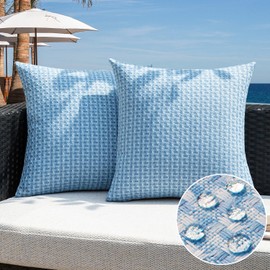 Kevin Textile Outdoor Waterproof Throw Pillow Covers Pack of 2 Farmhouse Decorative Cushion Covers for Garden Patio Tent Balcony Bench Couch Sofa 24x24 Inch, Light Blue