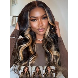 KLAIYI Ombre Highlight Blonde Loose Body Wave Bye Bye Knots Glueless Wigs Human Hair 7x5 Precut Lace Front Pre Plucked Bleached Ready to Wear Go Wig with Face Framing Curtain Bang Caramel Brown 22Inch