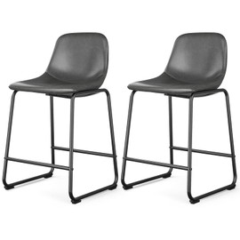 Rfiver Pu Faux Leather Bar Stools Set of 2, Industrial Pub Barstools with Back and Footrest, Modern Armless Bar Height Stool Chairs (Grey, 24" Counter Chair x2)