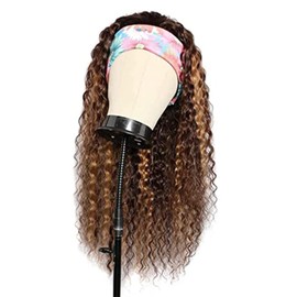 P4/27 Deep Wave Headband Wig Brown And Honey Blonde Human Hair Headband Wig 130% Density Grade 8A Brazilian Remy Hair Machine Made Wigs 18 Inch