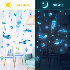 Ocean Sea Animals Luminous Wall Sticker, Sea Creatures Luminous Sticker Wall Sticker for Children's Room Girls Boys Bedroom Baby Room Decoration, Luminous Stickers Underwater World Wall Sticker