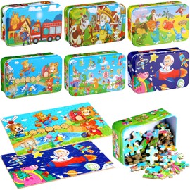 Libima 6 Sets 360 pcs Jigsaw Puzzles in a Metal Box for Kids Age for 4-8 Learning Jigsaw Puzzles for Toddlers Educational for Boy and Girl (Spaceship, Park, Farm, Dinosaur, Bear, Firefighter)