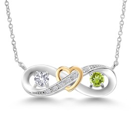 Gem Stone King 925 Silver and 10K Yellow Gold White Created Sapphire Green Peridot and Lab Grown Diamond Heart Interlocking Infinity Symbol Pendant Necklace For Women (0.61 Cttw, with 18 Inch Chain)