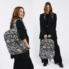 Searock Quilted Backpack for Women Large Cotton Traveling Dackpack Lightweight College Bookbag With Trolley Sleeve-Black/White