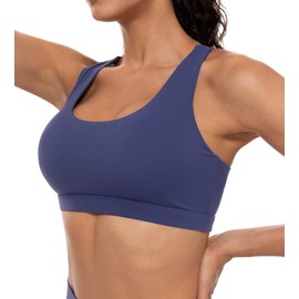 Lavento Women's Active Sculpt U-Neck Sports Bra - Asymmetrical Crisscross Back Padded Workout Yoga Bra, Sapphire Navy, 2