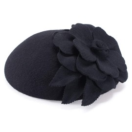 Lawliet Autumn Winter Beret Hat Flower Wool Fascinator Hat Gatsby Style Hair Pillbox Hat Lady Cocktail Wedding Party Dress Fedoras (Black)(Size: One Size)