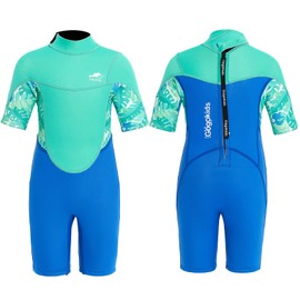 Gogokids Shorty Wetsuit Children, 2.5 mm Wetsuits Back Zip Toddler Short Wet Suits Comfort & Warmth, UV Neoprene for Swimming, Snorkelling and Surfing, Age 5-6 Young, Green