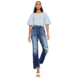 Kan Can Women's High Rise Distressed Slim Straight Jeans (US, Numeric, 11, Regular, Regular, Blue)