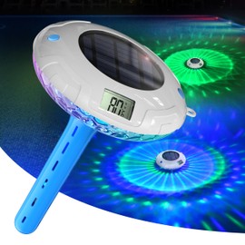 PoolPrime Pool Thermometer Easy to Read, Solar Pool Light with 8 RGBW Color Modes, Dual Dightal Displays for Inground Above Ground Pools (Blue)