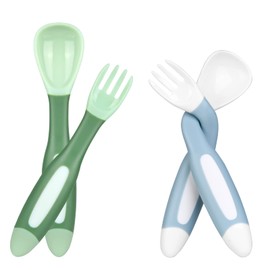 Vicloon Baby Utensils Spoon Fork Set, 4pcs Baby Cutlery Feeding Set Toddler Utensils Spoons Forks, Baby Fork and Spoon Set Easy Grip Bendable Perfect Self Feeding Spoon Fork (Green)
