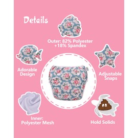 babygoal Reusable Swim Diapers with Wet Bag 4 Pack - Adjustable & Washable Water Diapers for 8M-3T Toddler Swimming Lessons-Flower Design