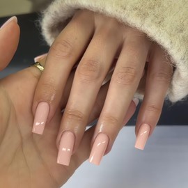 Nude Pink Press on Nails Long Square, KXAMELIE Medium Coffin Nails Press ons Long Glue on Nails Natural Thick Fake Nails Acrylic Reusable 24 Solid Color for Women