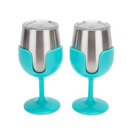 Camco Life is Better at The Campsite Stainless Steel Wine Tumbler 2-Pack - Features Heavy Duty Double Wall Vacuum Insulation & Removable Navy, Red, Green & Yellow Stems - Holds 8-oz Each - Blue(53484)