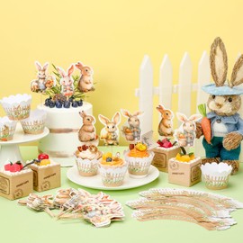 Zhanmai 72 Pcs Easter Rabbit Cupcake Topper and Cupcake Wrapper Set Rabbit Cupcake Decoration for Bunny Rabbit Easter Birthday Party Supplies and Baby Shower Accessories