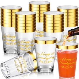 Potchen 24 Pcs Happy Friendsgiving Cups Friendsgiving Party Decoration 12oz Gold Foil Clear Plastic Disposable Drinking Cups for Thanksgiving Fall Pumpkin Autumn Party Supplies (Classic Style)