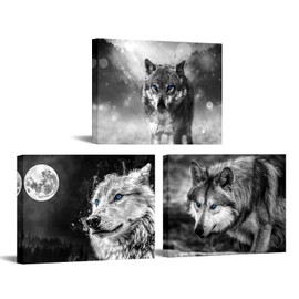 iLOOKLiKE 3 Pieces Wild Animal Wall Art Black and White Wolf with Blue Eyes Pictures Prints on Canvas Wildlife Wolves Wall Decor Artwork Stretched and Frame for Kids Room Bedroom 12x16inchx3pcs