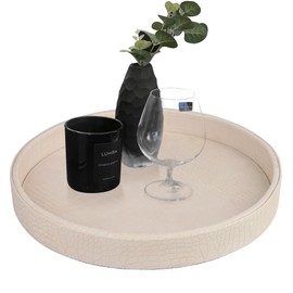 HofferRuffer Faux Leather Round Serving Tray, Vegan Croco Leather Decorative Tray, Food Tray for Storage Drinks, Snack & Cosmetics, Dia.12'' x 1.6'' (CreamWhite/Tiny Yellow)