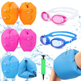 Arm Floaties for Kids 6-12yrs, PVC Arm Floaties Inflatable Swim Arm Bands Floater Sleeves Swimming Rings and Swimming Goggles Kids Floaties for Pool 6 Pack