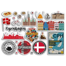 A5 Sticker Sheet Copenhagen Landmarks Vinyl Stickers - Denmark Danish Airport Stamps Skyline Flag Travel Holiday Scrapbooking City Luggage #79114