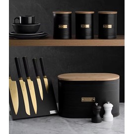 Black Metal Canisters with Wooden Lids, Set of 4, Tea, Coffee, Bread, Sugar
